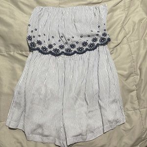 Strapless, Jessica Simpson, romper, navy and white stripes with blue flowers